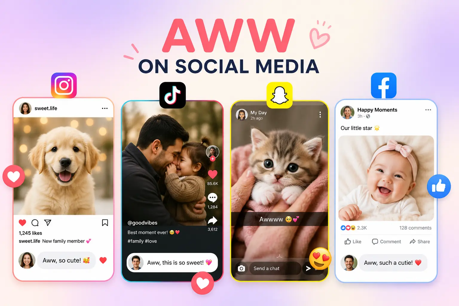AWW meaning on Instagram, TikTok, Snapchat, and Facebook with emotional reactions to cute posts