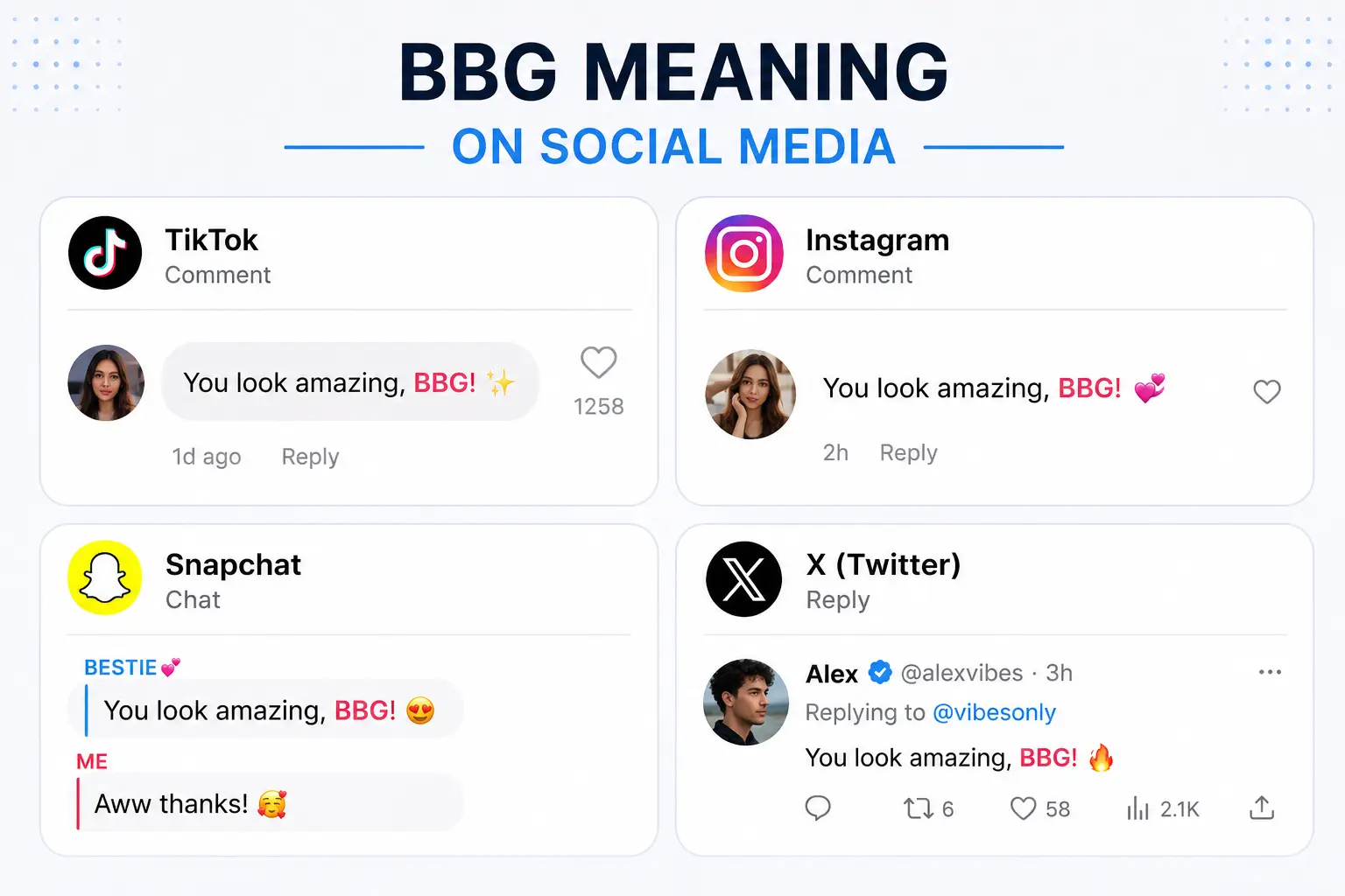 BBG meaning on TikTok, Instagram, Snapchat, and X with example comments