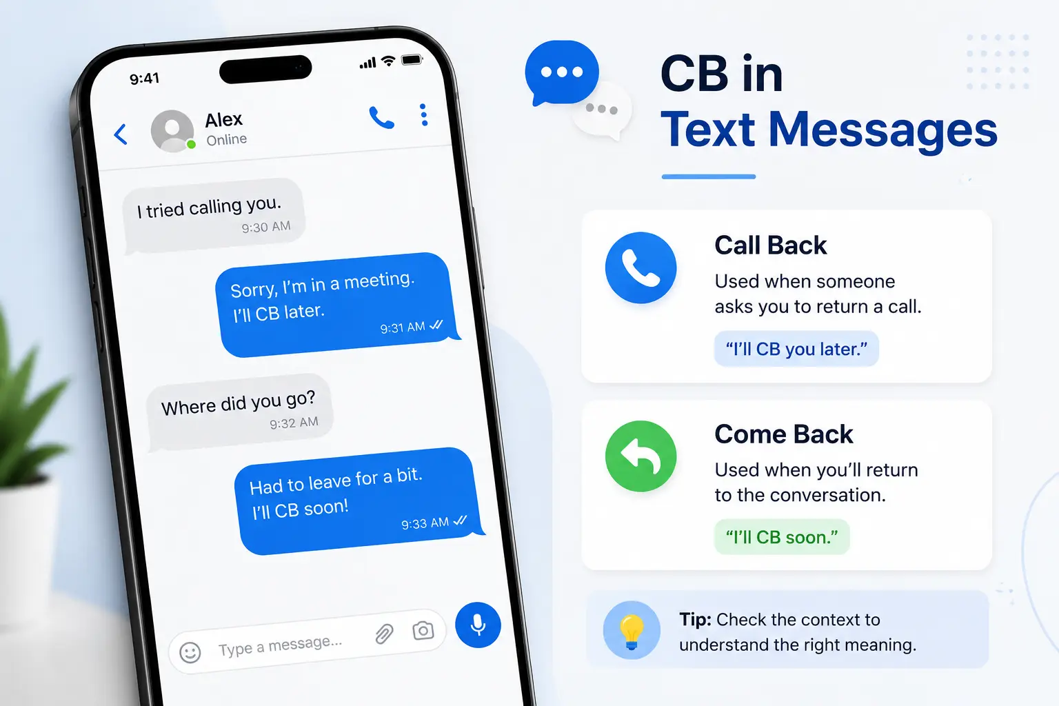 Examples showing CB meaning in text messages as Call Back and Come Back