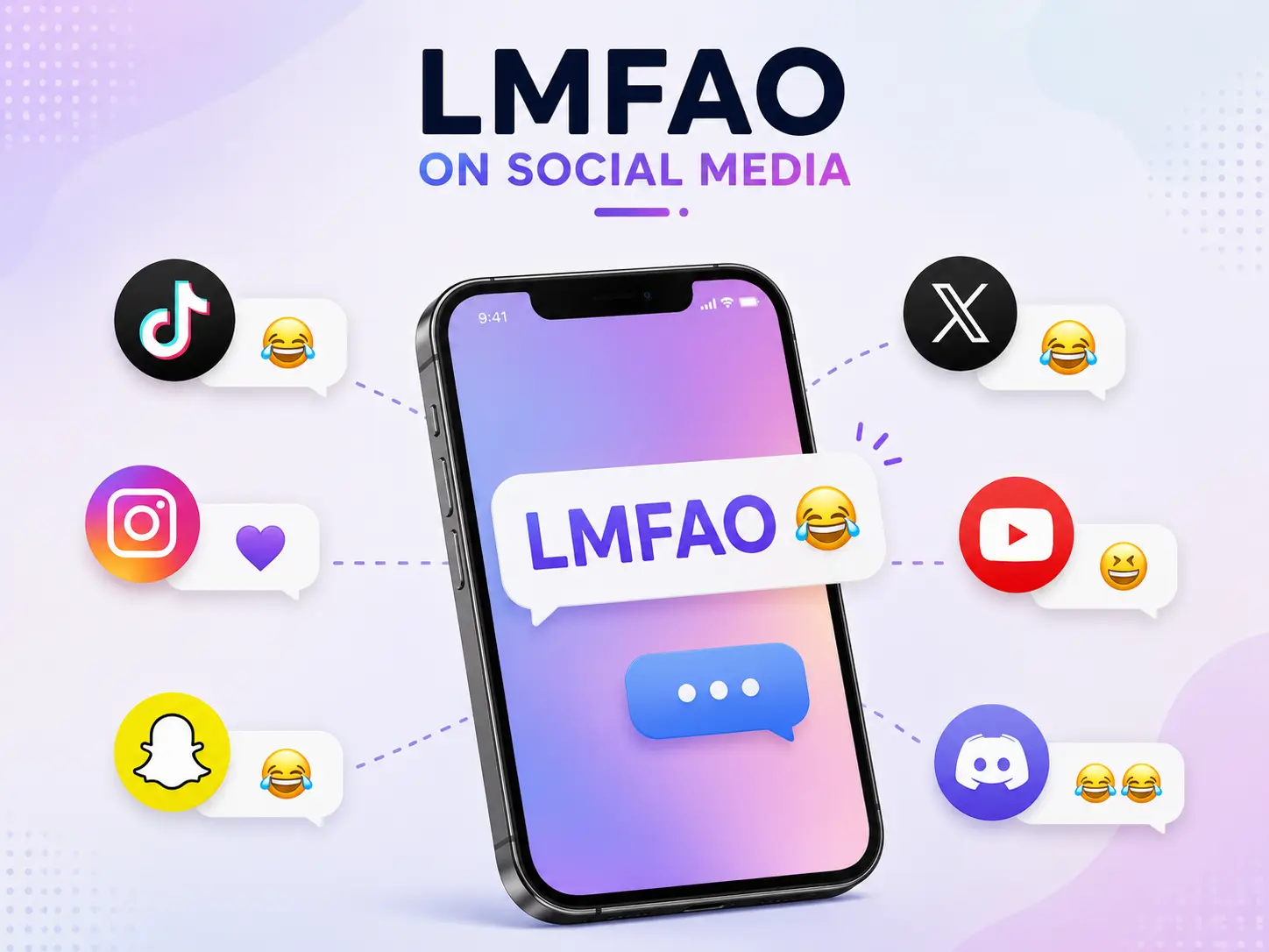 Illustration showing how LMFAO is commonly used on TikTok, Instagram, Snapchat, X, YouTube, and Discord to react to funny content.