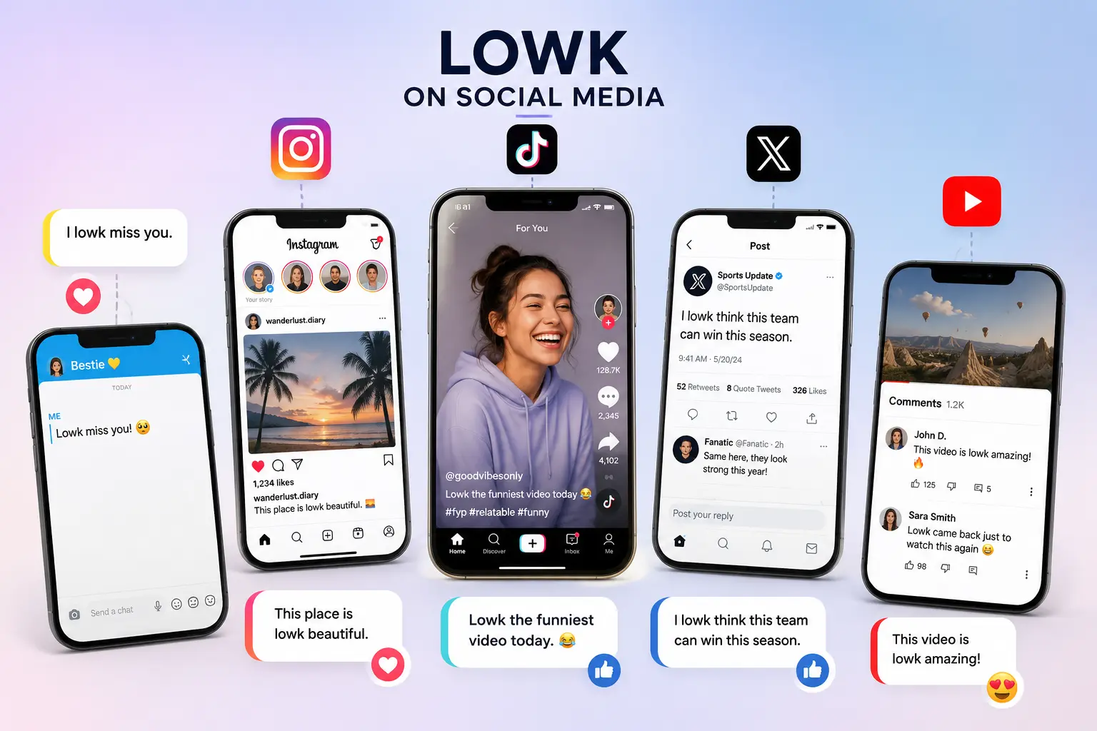 Illustration showing how LOWK is used on TikTok, Instagram, Snapchat, X, and other social media platforms.