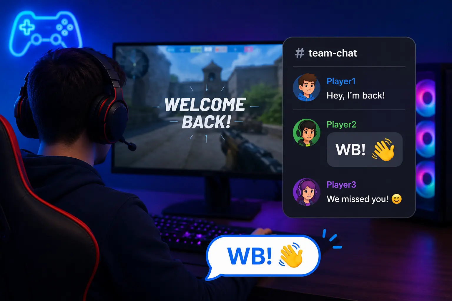 Gaming chat illustration showing players using WB to welcome someone back during an online game.