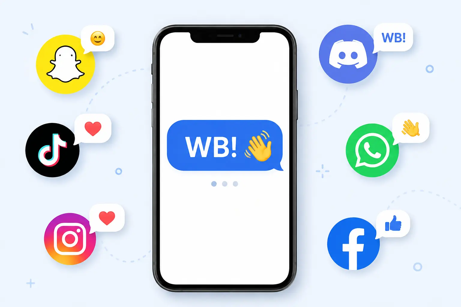 WB meaning across social media platforms like Snapchat, TikTok, Instagram, WhatsApp, and Discord.