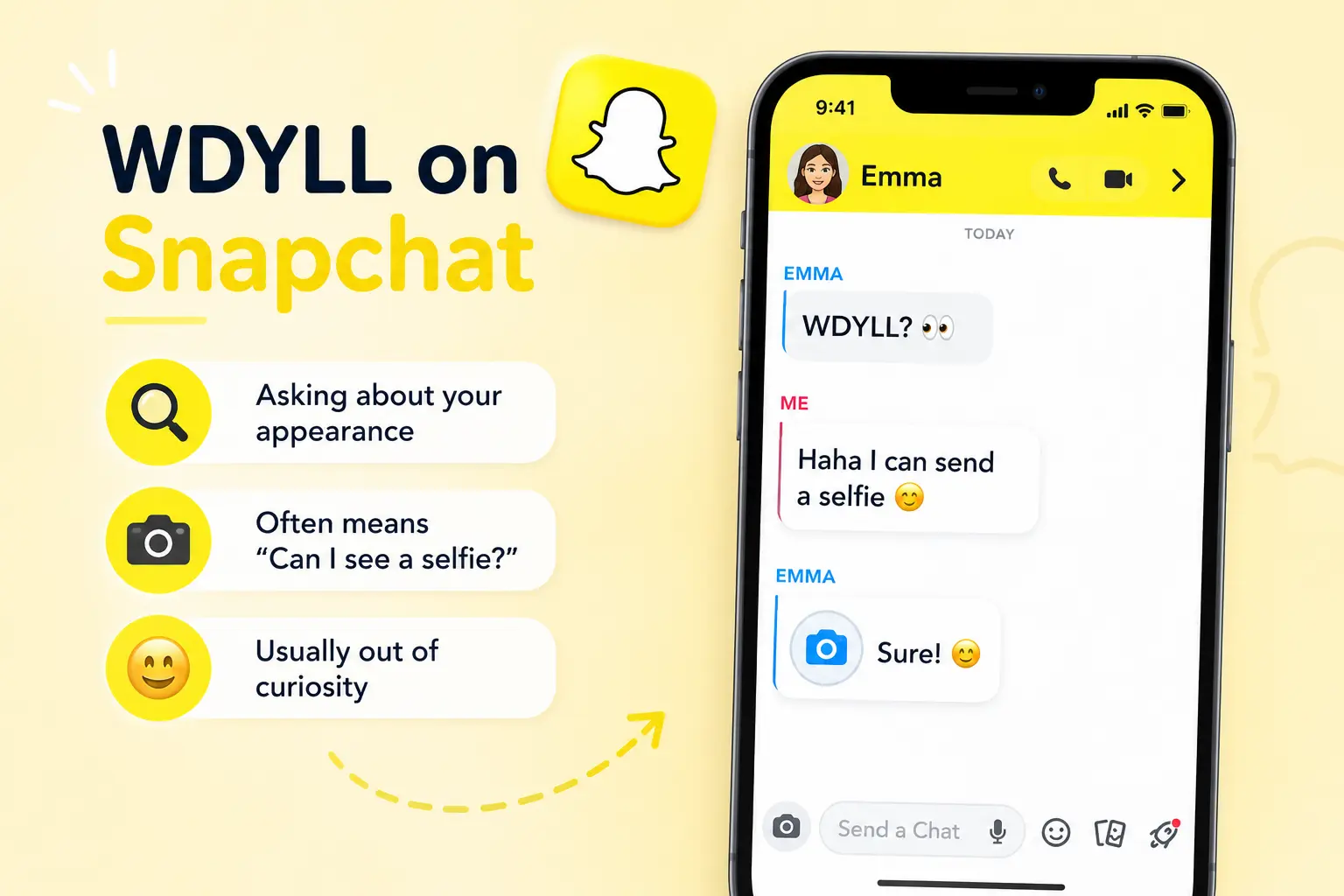 WDYLL meaning on Snapchat with example chat and selfie request illustration