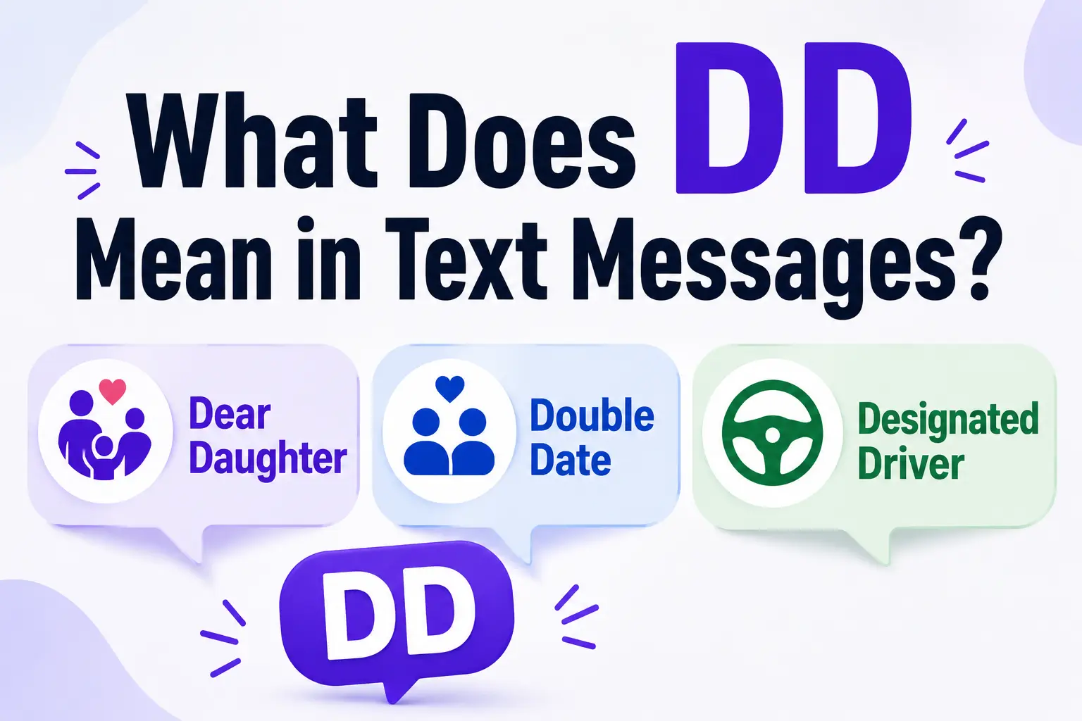 Illustration showing what DD means in text messages, including Dear Daughter, Double Date, and Designated Driver.