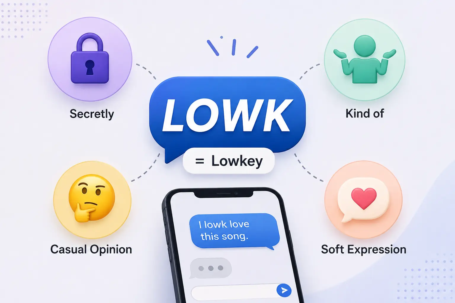 Infographic explaining what LOWK means, including lowkey, secret feelings, casual opinions, and subtle expressions in texting.