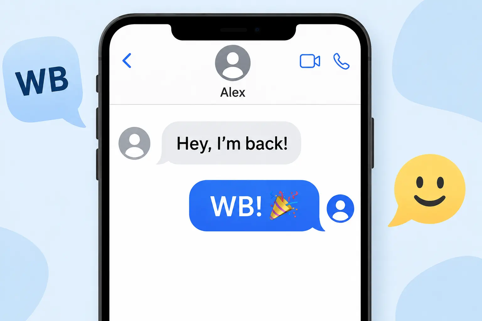 Illustration showing WB meaning as Welcome Back in a text message conversation.