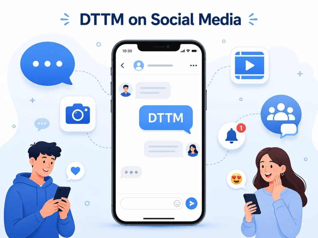 Infographic titled “DTTM on Social Media,” showing a smartphone chat with “DTTM” surrounded by generic social media icons, chat bubbles, and two people using phones.