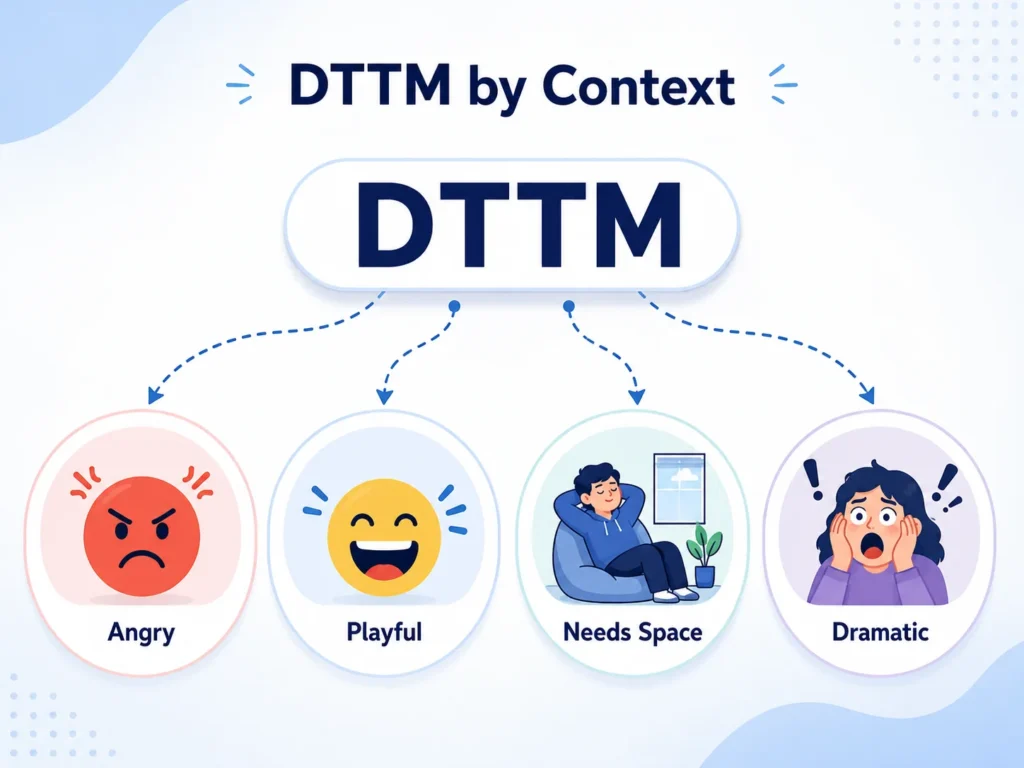 Infographic titled “DTTM by Context,” showing DTTM connected to four possible meanings: angry, playful, needs space, and dramatic.