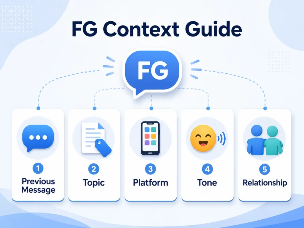 Infographic titled “FG Context Guide” showing five clues to understand the correct FG meaning: previous message, topic, platform, tone, and relationship, with simple icons connected to an FG chat bubble.