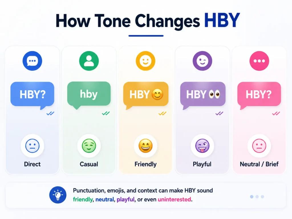 Infographic showing how HBY can sound direct, casual, friendly, playful, or neutral depending on punctuation, emojis, and context.