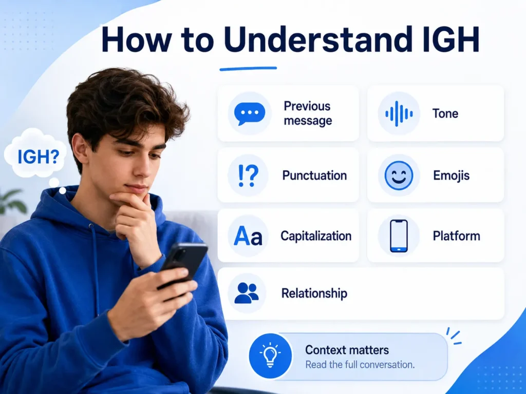 Young man checking a smartphone beside a visual guide explaining how to understand IGH using the previous message, tone, punctuation, emojis, capitalization, platform, and relationship.