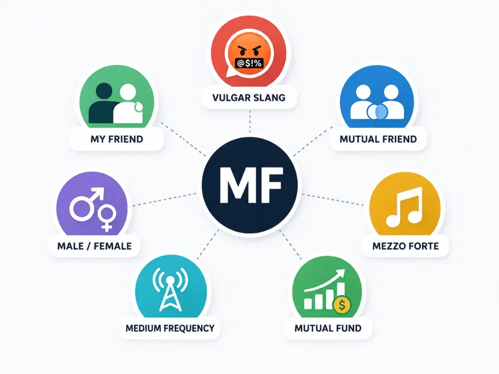 Infographic showing seven possible meanings of MF: vulgar slang, my friend, mutual friend, male/female, mezzo forte, medium frequency, and mutual fund.