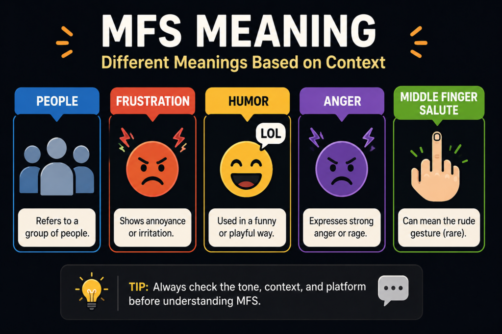 MFS meaning context infographic showing MFS used for people, frustration, humor, anger, and Middle Finger Salute, with a tip to check tone, context, and platform before understanding the meaning.
