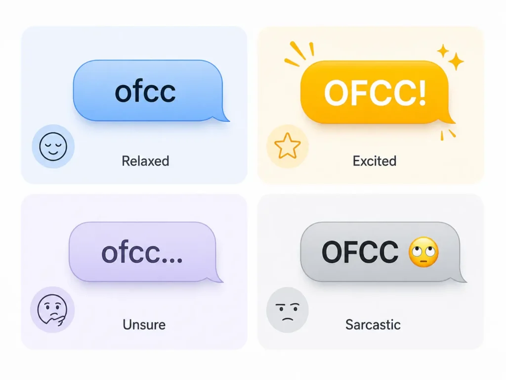 Infographic showing four tones of “OFCC”: relaxed, excited, unsure, and sarcastic, using different capitalization, punctuation, colors, and facial-expression icons.