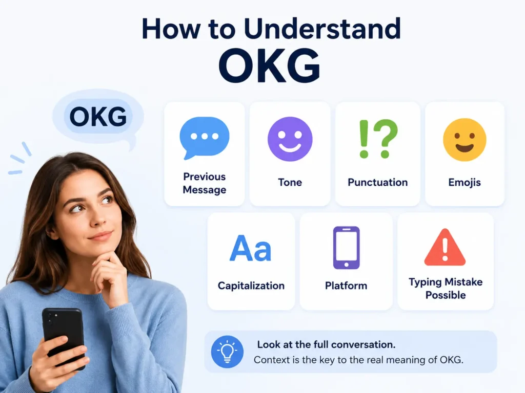 Infographic showing how to understand OKG by checking the previous message, tone, punctuation, emojis, capitalization, platform, and possible typing mistakes.