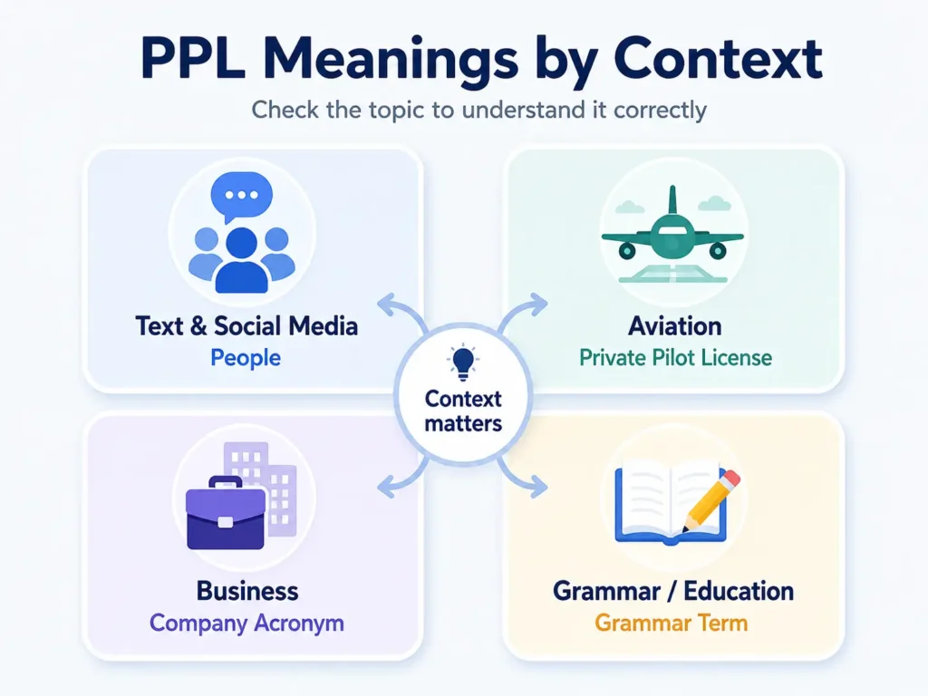 Infographic titled “PPL Meanings by Context” showing four possible meanings of PPL: people in text and social media, Private Pilot License in aviation, company acronym in business, and grammar term in education, with a center note saying “Context matters.”