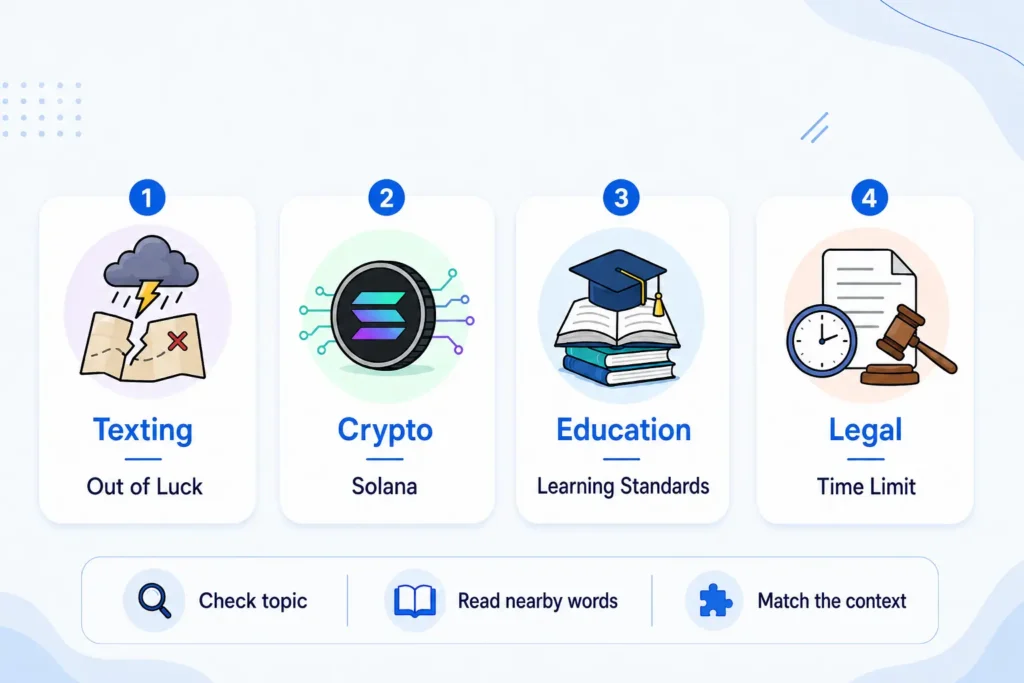 SOL context infographic showing four meanings: texting as out of luck, crypto as Solana, education as learning standards, and legal as time limit, with a guide to check topic, nearby words, and context.