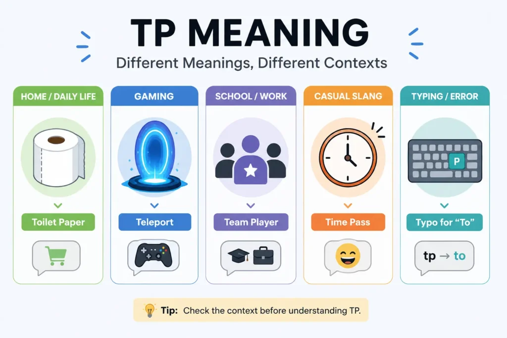 TP meaning context infographic showing TP as toilet paper in daily life, teleport in gaming, team player in school or work, time pass in casual slang, and typo for “to,” with a tip to check context.