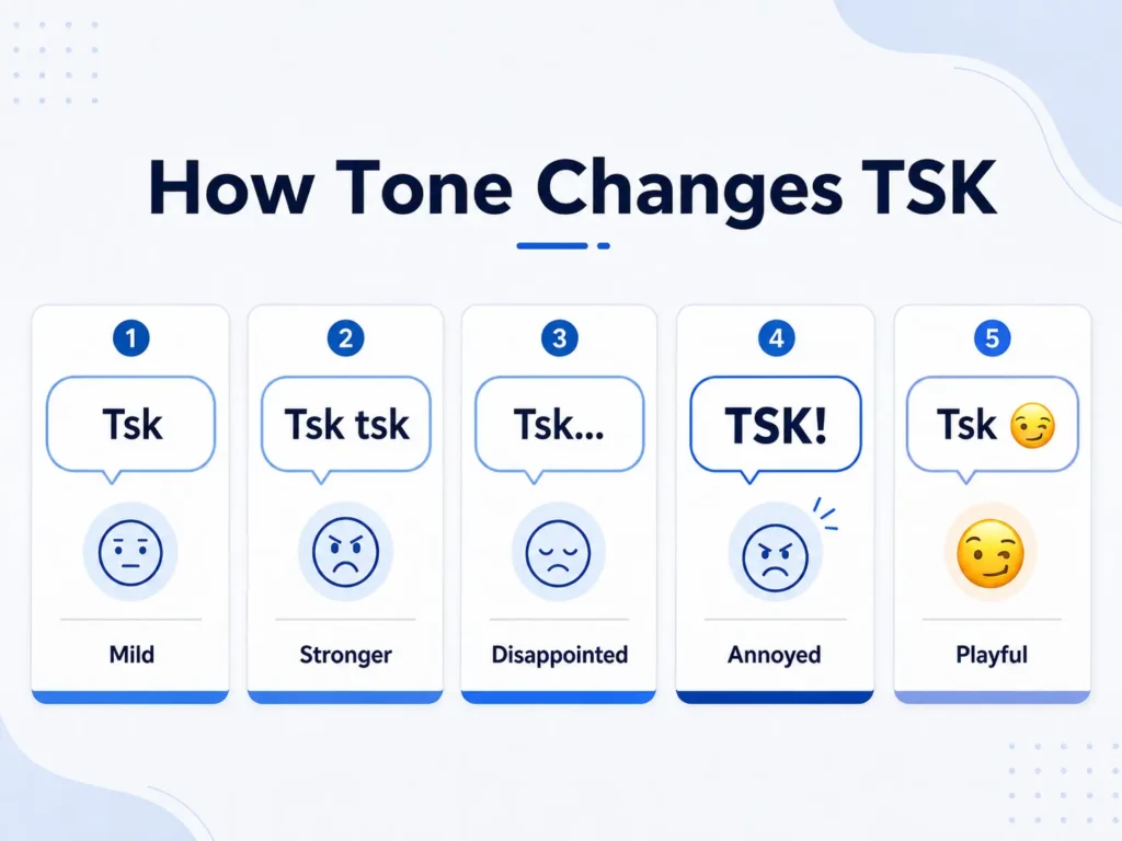 Infographic showing how different forms of TSK change tone, including mild disapproval, stronger judgment, disappointment, annoyance, and playful teasing.