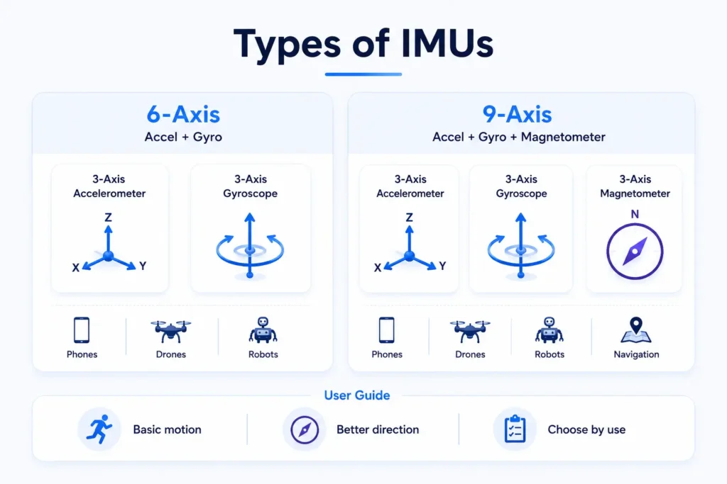 ypes of IMUs comparison infographic showing 6-axis IMU with accelerometer and gyroscope, and 9-axis IMU with accelerometer, gyroscope, and magnetometer, plus simple use icons for phones, drones, robots, and navigation.