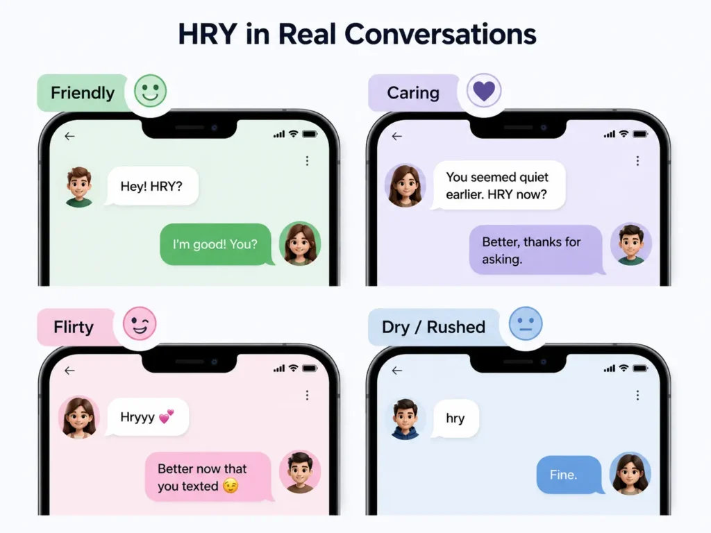 HRY conversation examples showing friendly, caring, flirty, and dry or rushed meanings in text messages.