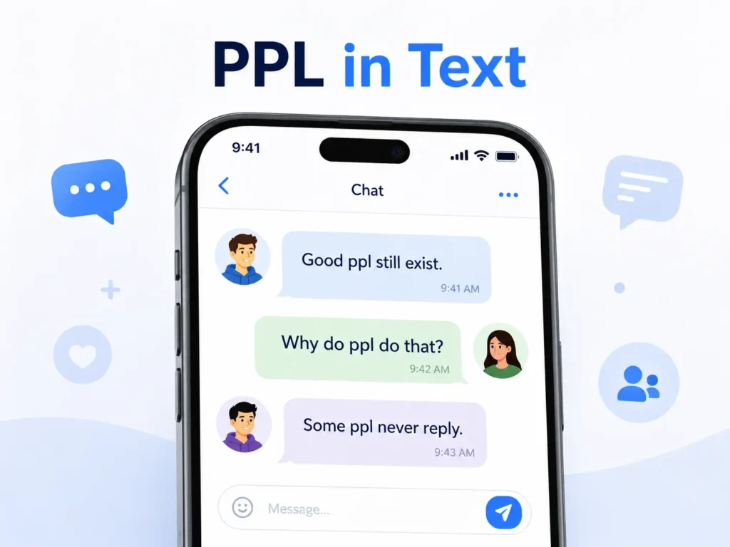 Smartphone chat illustration showing three message examples using “ppl,” with the heading “PPL in Text” to explain how PPL is used in everyday text conversations.