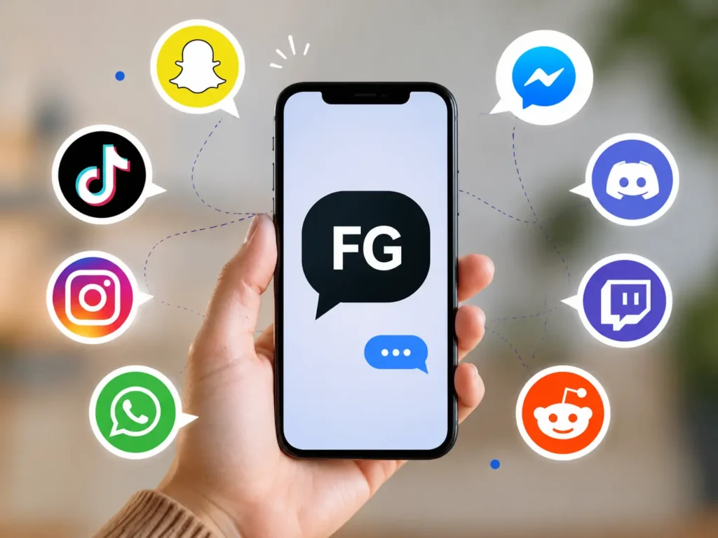 Hand holding a smartphone showing “FG” in a chat bubble, surrounded by social media and messaging app icons, representing FG usage across online platforms.