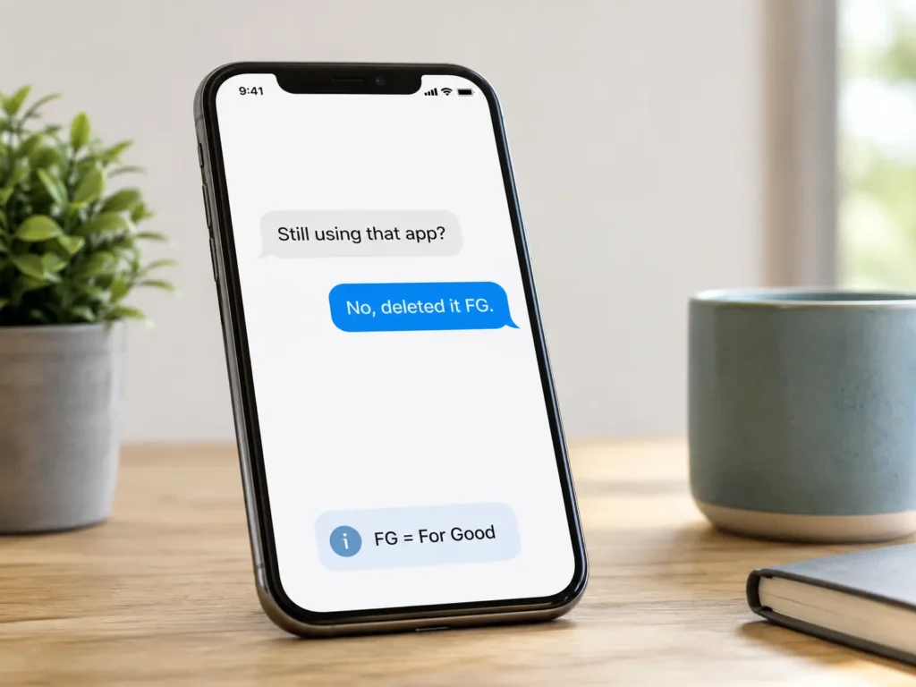Smartphone on a wooden desk showing a chat example where “FG” means “For Good,” with the messages “Still using that app?” and “No, deleted it FG.”