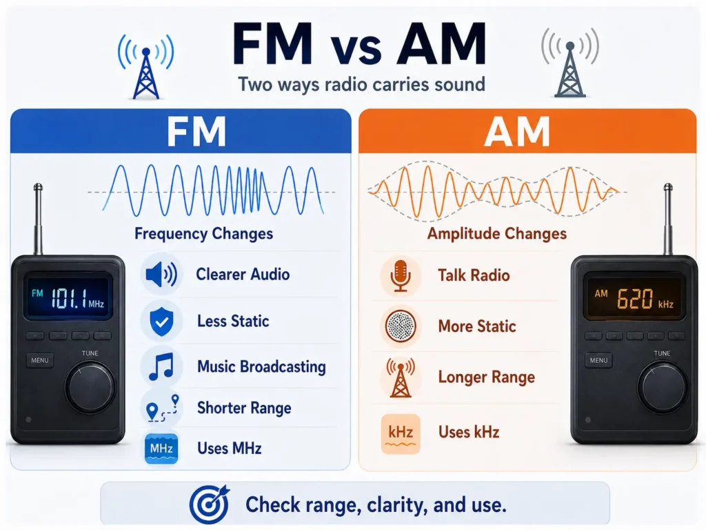 FM vs AM radio comparison infographic showing FM frequency changes, clearer audio, less static, music broadcasting, shorter range, and MHz, compared with AM amplitude changes, talk radio, more static, longer range, and kHz.