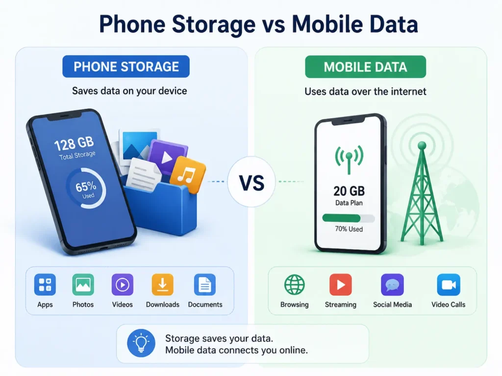 Infographic comparing phone storage and mobile data, showing that storage saves apps, photos, videos, downloads, and documents on a device, while mobile data is used for browsing, streaming, social media, and video calls.