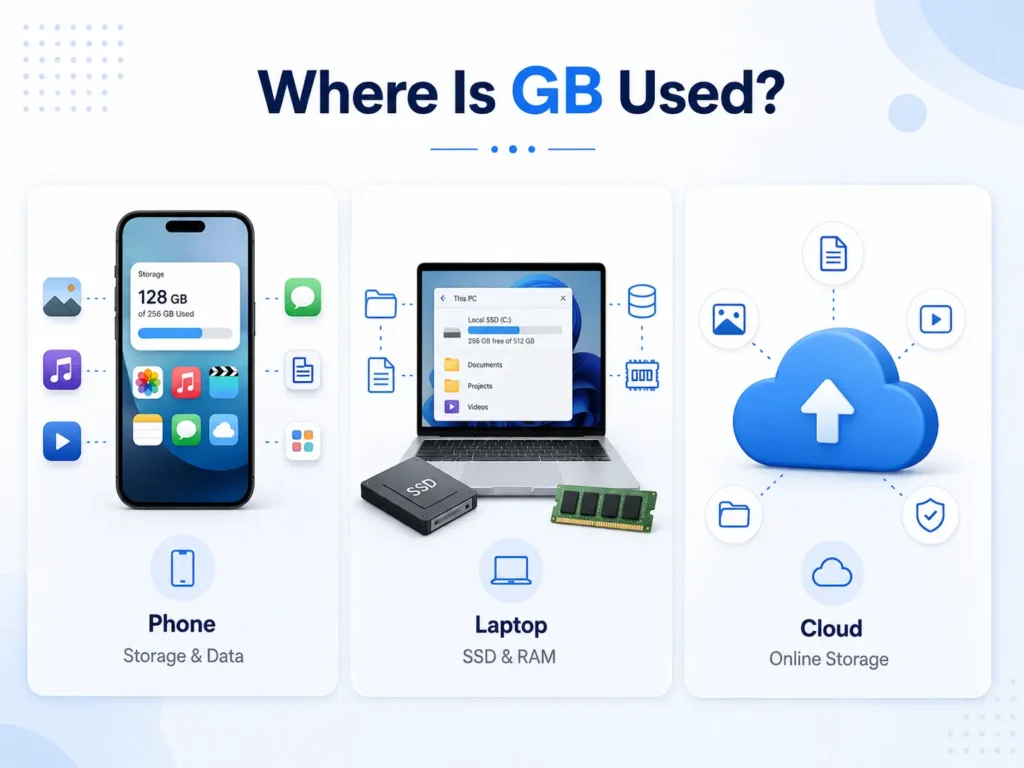 Infographic showing where GB is used, including phone storage and data, laptop SSD storage and RAM, and cloud-based online storage.