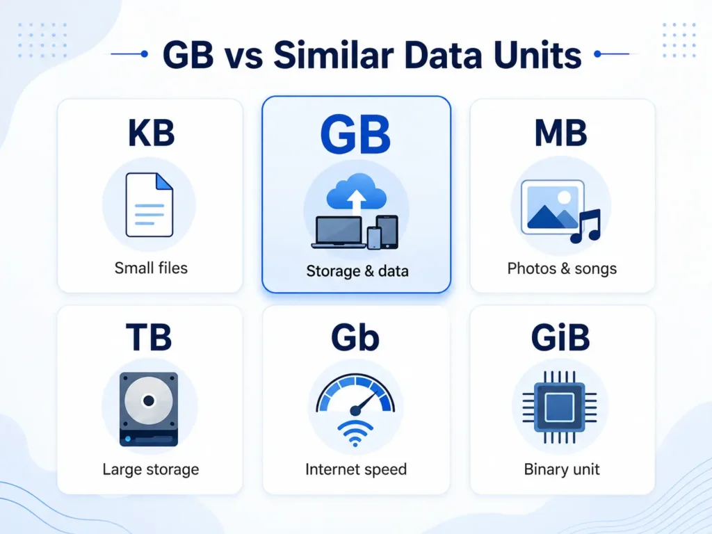 Infographic comparing GB with similar data units, including KB for small files, MB for photos and songs, TB for large storage, Gb for internet speed, and GiB as a binary unit.