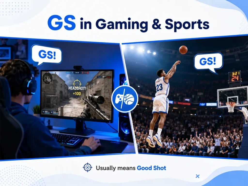GS in gaming and sports infographic showing “GS” used to mean “Good Shot” after a successful video game headshot and basketball shot.