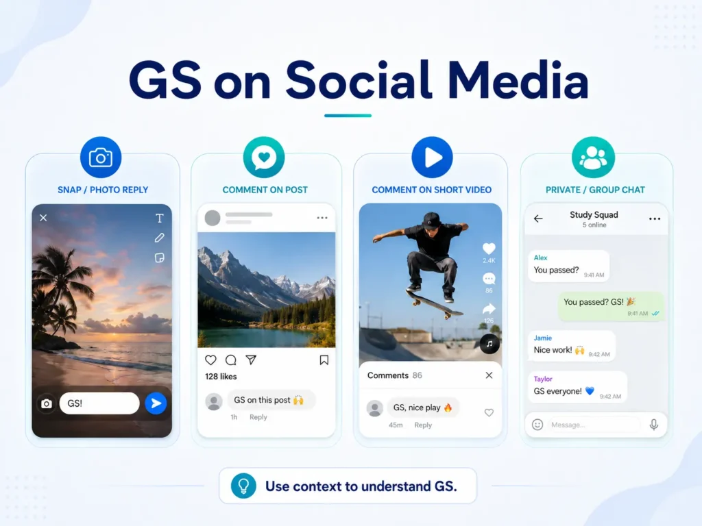GS on social media infographic showing GS used in photo replies, post comments, short-video comments, and private group chats.