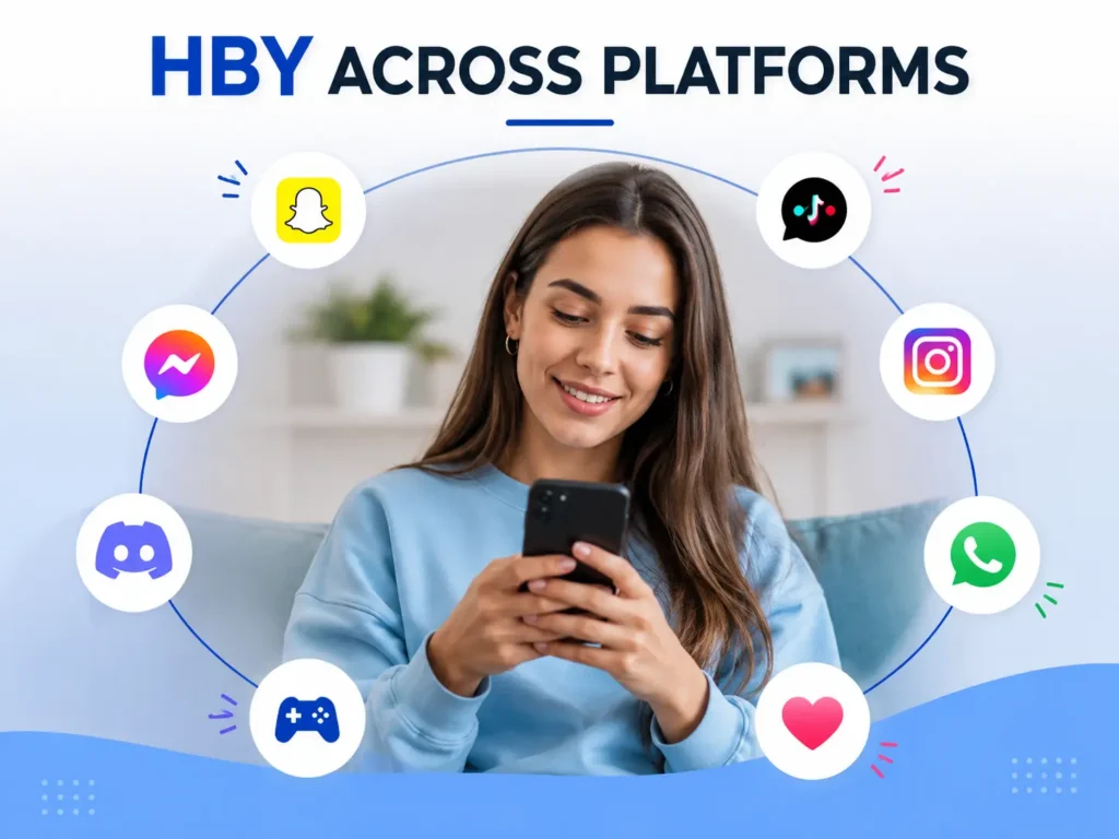 Woman using a smartphone surrounded by icons representing messaging, social media, gaming, and dating platforms, with the heading “HBY Across Platforms.”