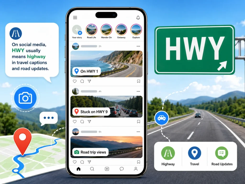 Social media-style infographic showing a smartphone with road trip posts using “HWY,” a green HWY road sign, highway background, map pin, and icons for highway, travel, and road updates.