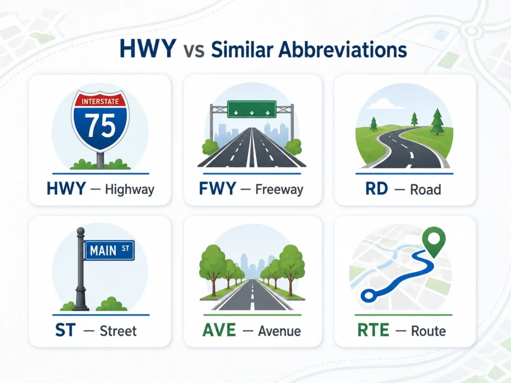 Infographic comparing HWY with similar road abbreviations, showing six cards for HWY highway, FWY freeway, RD road, ST street, AVE avenue, and RTE route with simple road icons.