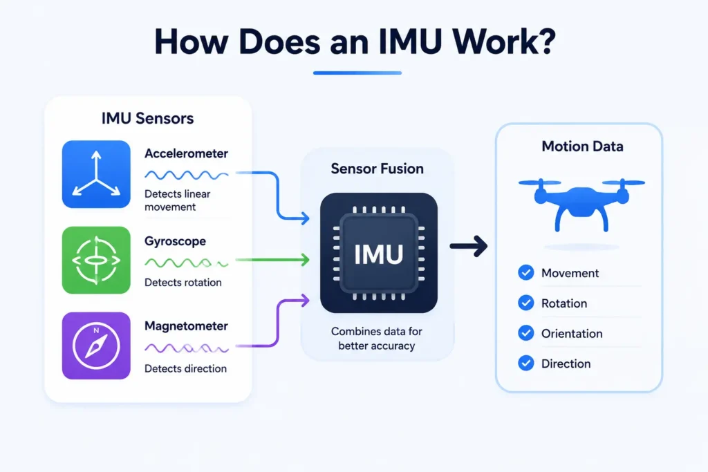 IMU workflow infographic showing accelerometer, gyroscope, and magnetometer sensor data combining through sensor fusion to produce motion data for movement, rotation, orientation, and direction.