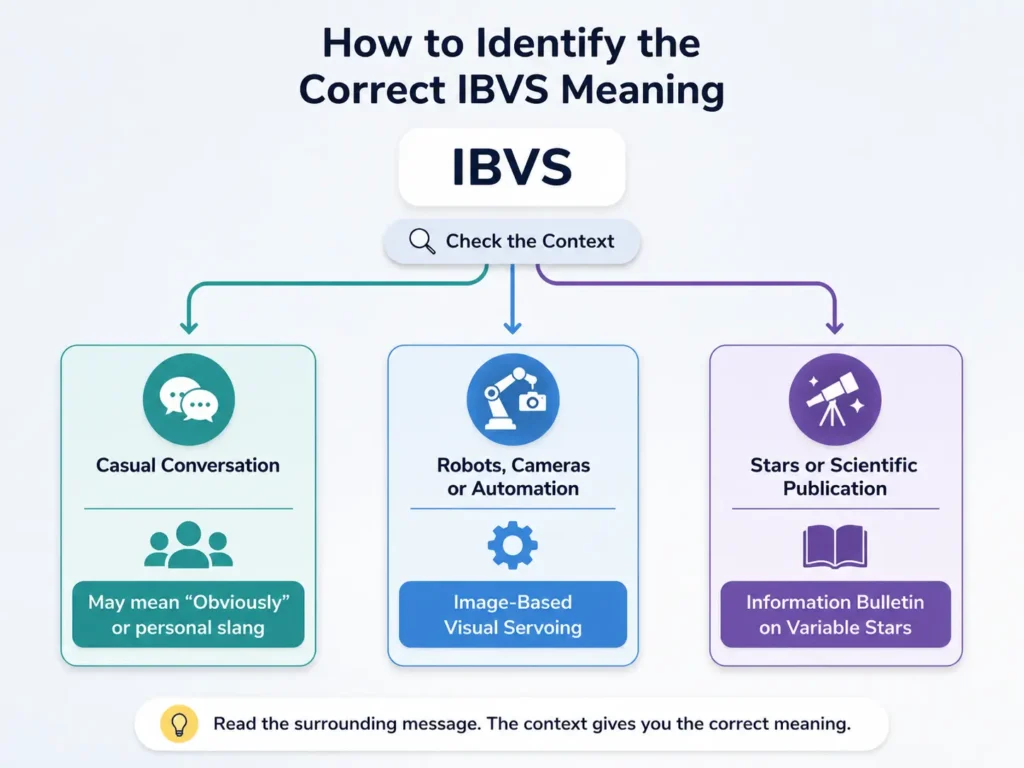 Infographic showing how context identifies IBVS meaning in casual conversations, robotics and automation, or astronomy and scientific publications.
