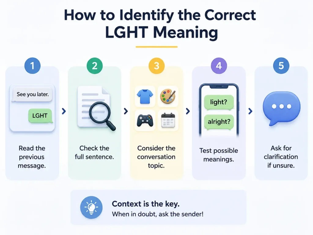 LGHT meaning on social media infographic showing examples in casual chats, social posts, gaming conversations, and group messages, with a reminder that context determines whether LGHT means “light” or “alright.”