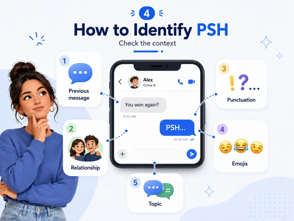Infographic showing how to identify the meaning of PSH by checking the previous message, sender relationship, punctuation, emojis, and conversation topic.