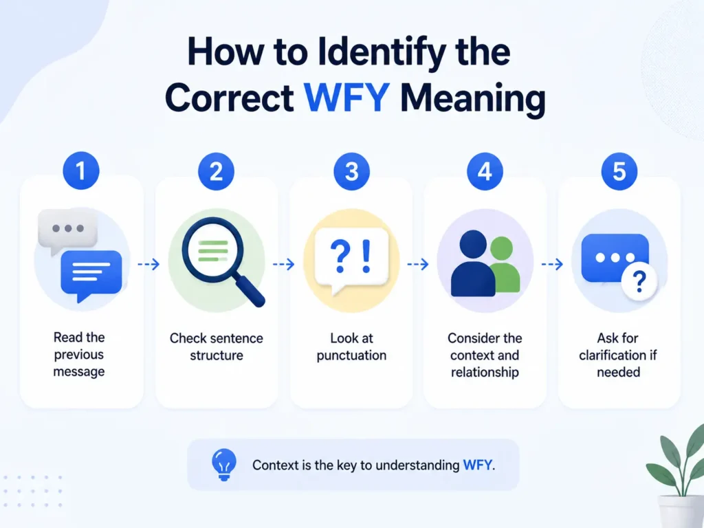 Five-step infographic explaining how to identify the correct WFY meaning by checking the previous message, sentence structure, punctuation, context, and asking for clarification.