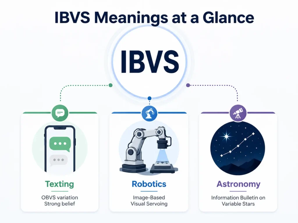 IBVS meanings infographic showing texting, image-based visual servoing in robotics, and the Information Bulletin on Variable Stars in astronomy.