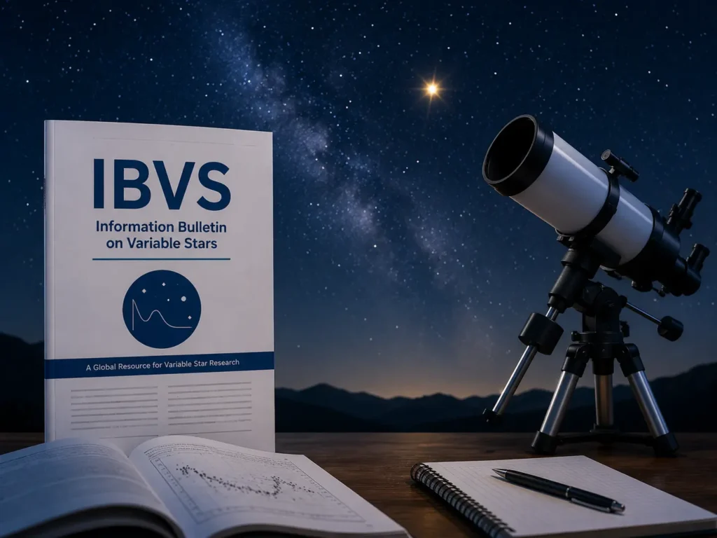 Telescope, starry sky, research notes, and IBVS bulletin representing the Information Bulletin on Variable Stars in astronomy.
