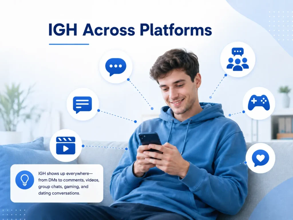 Young man using a smartphone with generic icons for messaging, comments, videos, group chats, gaming, and dating, under the heading “IGH Across Platforms.”