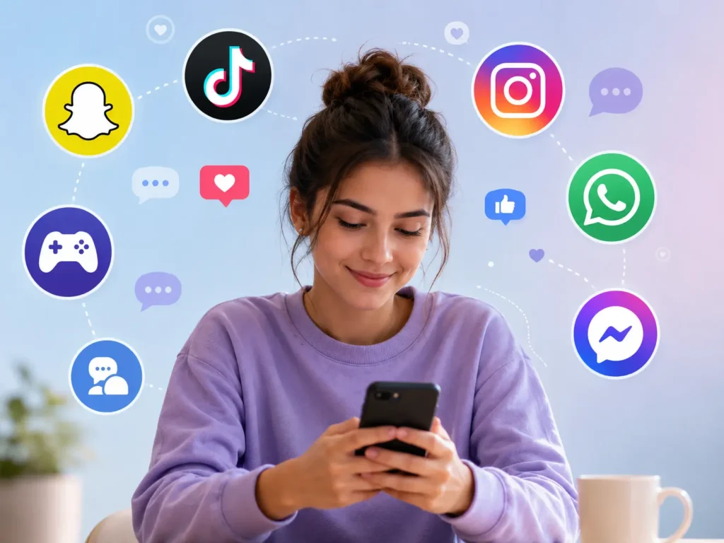 A young woman using a smartphone surrounded by social media, messaging, and gaming icons, representing how “IK” is used across different online platforms.
