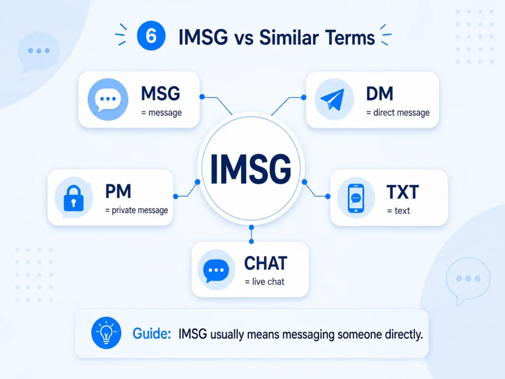 Infographic comparing IMSG with similar texting terms, showing MSG, DM, PM, TXT, and CHAT connected to IMSG, with a guide explaining that IMSG usually means messaging someone directly.