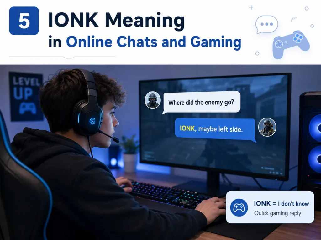 Infographic showing “IONK Meaning in Online Chats and Gaming,” with a gamer wearing a headset and a chat example saying “Where did the enemy go?” and “IONK, maybe left side,” explaining that IONK means “I don’t know” as a quick gaming reply.