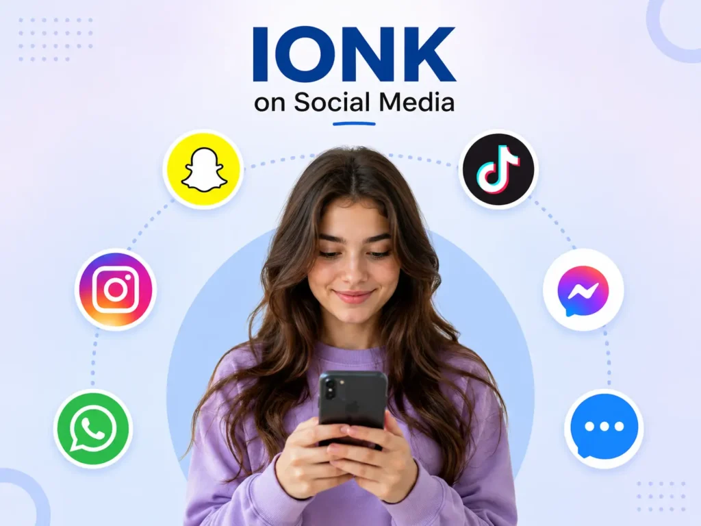 Infographic showing “IONK on Social Media,” with a young woman using a smartphone surrounded by social media and messaging icons, explaining that IONK is used in casual online chats and social media messages.